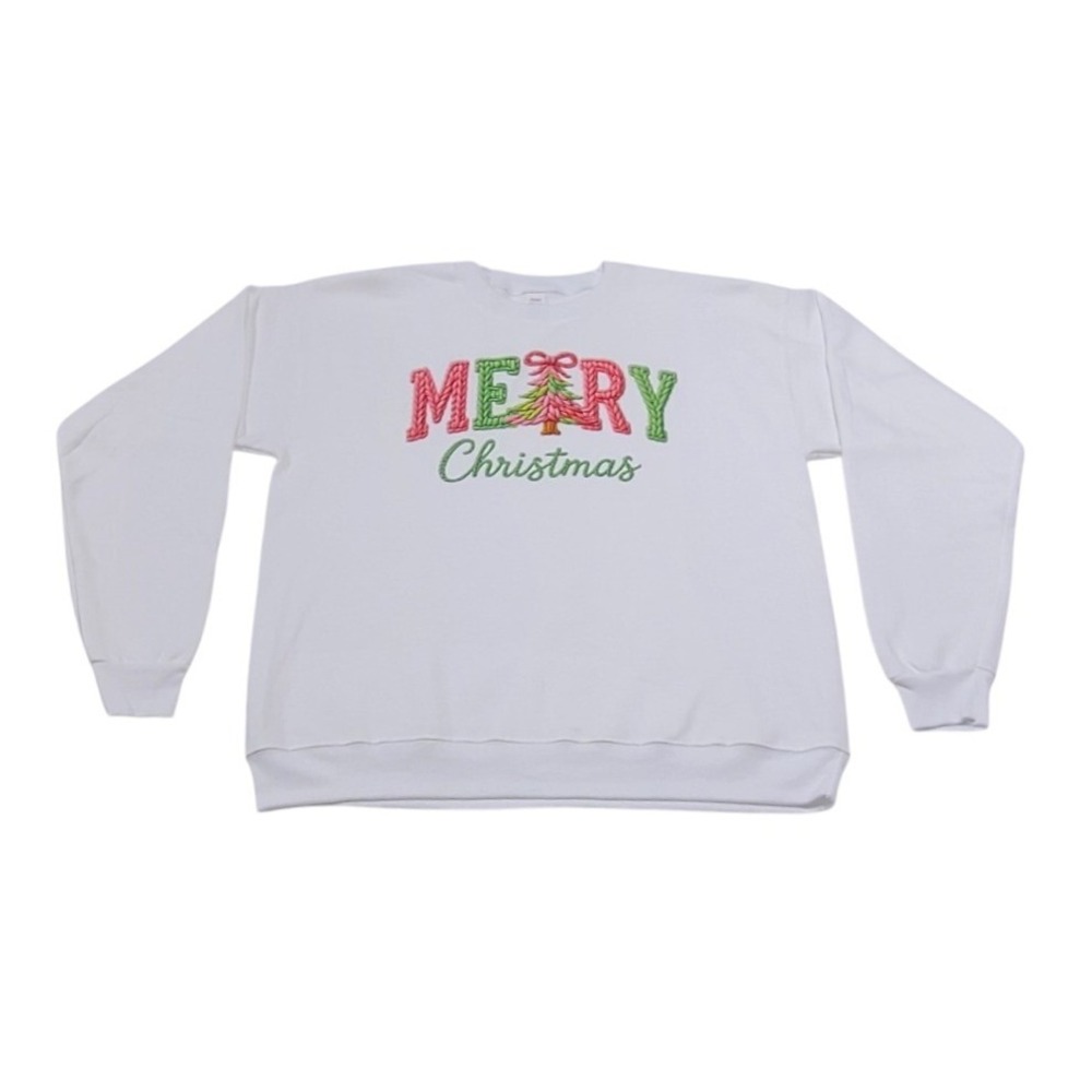 Merry Christmas Sweatshirt White Pink Green Tree Graphic Medium